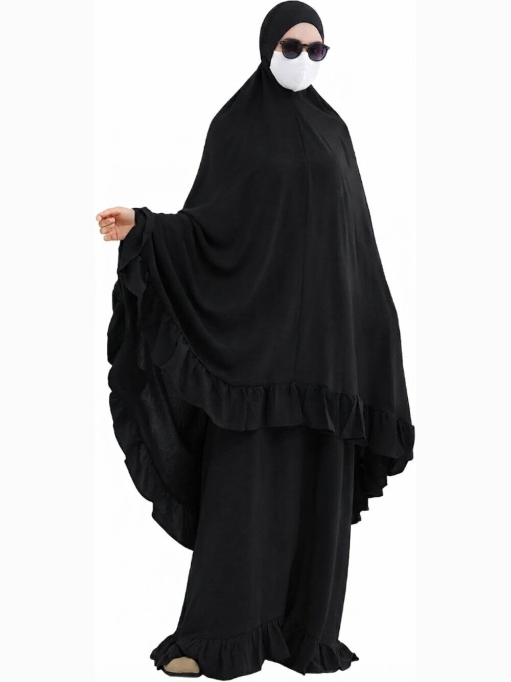 Abaya Two-Piece Set with Ruffled Trim and Side Pockets